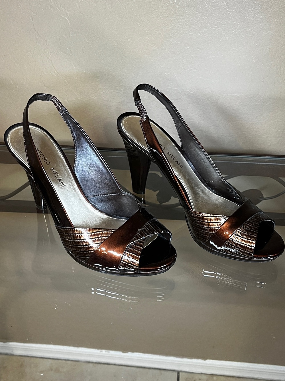 ANTONIO MELANI Bronze Metallic Slingback Peep-Toe Heels